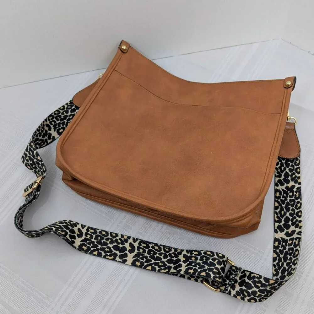 Leather crossbody Hobo style handbag - adjustable leopard print shoulder strap